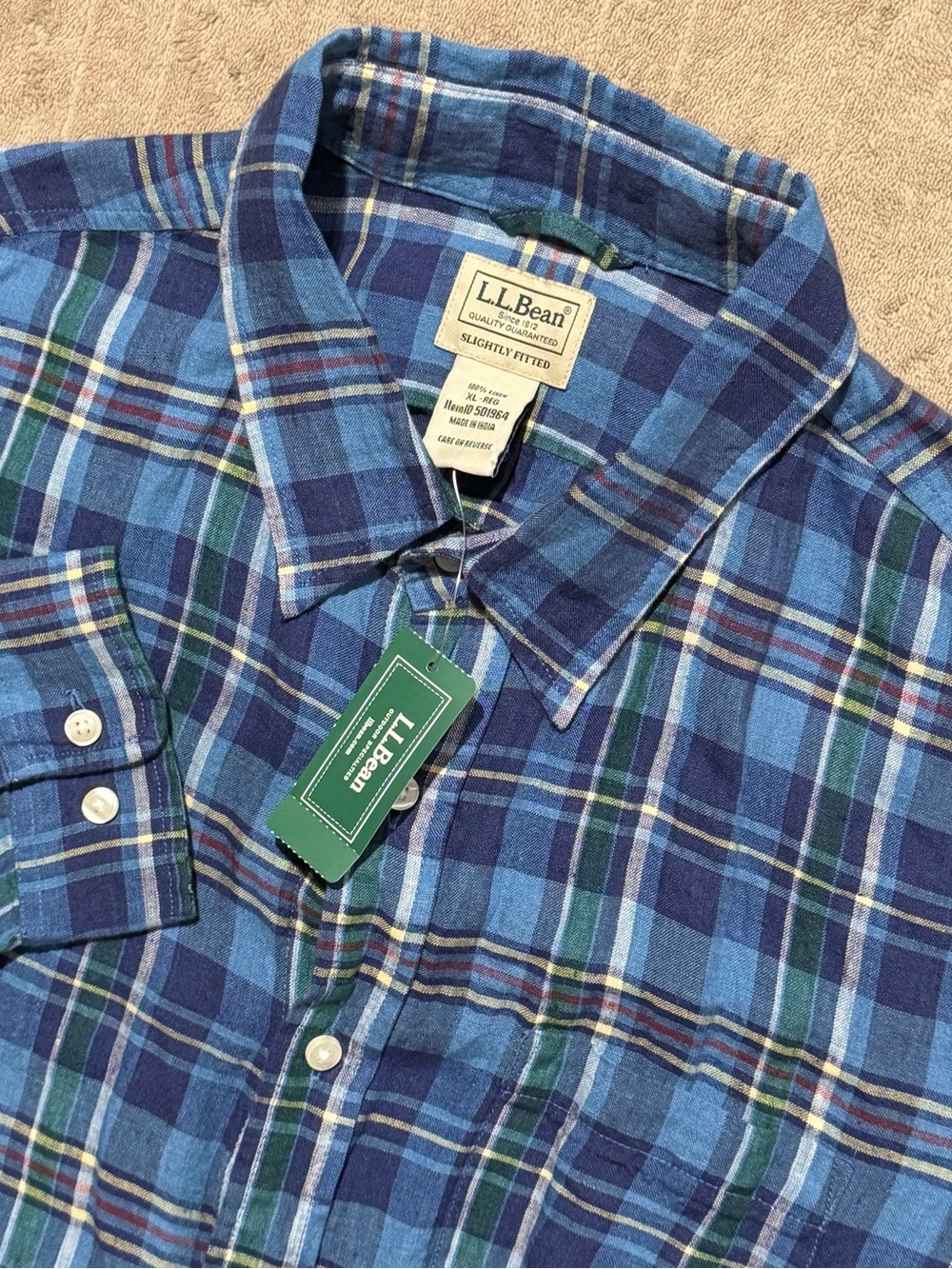 LL Bean Shirt Mens XL Blue Plaid 100% Linen Button Up Long Sleeve NEW w/Tags